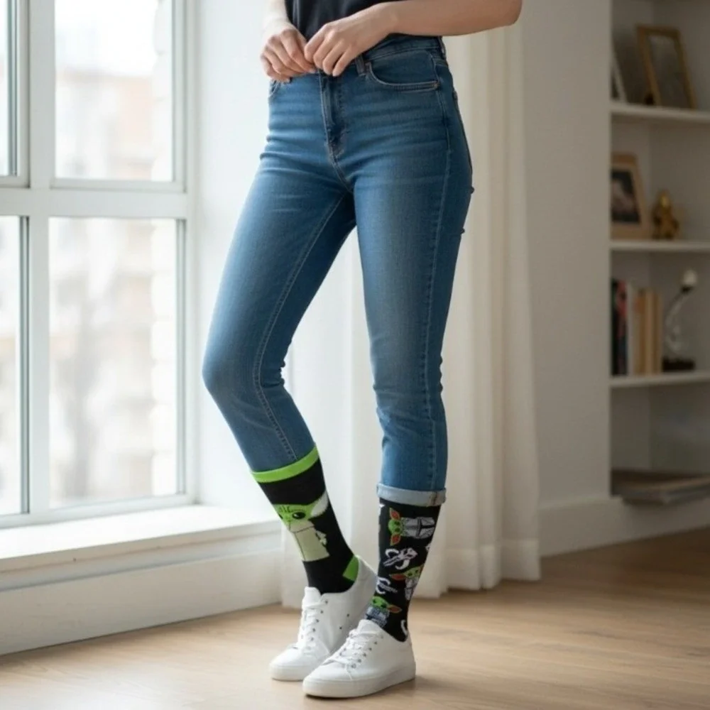 Star Wars The Mandalorian Grogu Baby Yoda Crew Socks‎ Black Green Men New